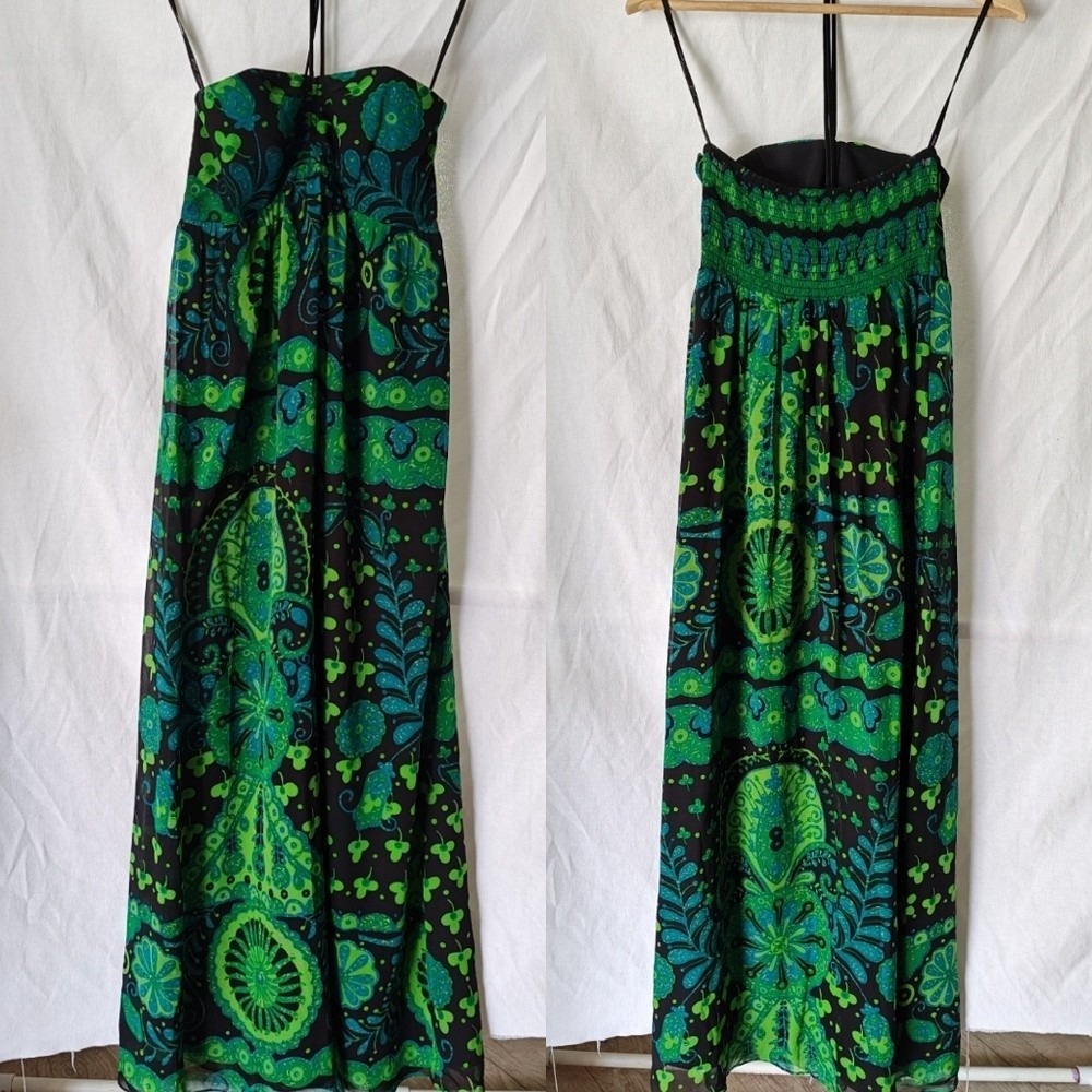 Betsey Johnson Dress Silk Maxi Halter Paisley Clover Evil Eye Dress Green Blue 6